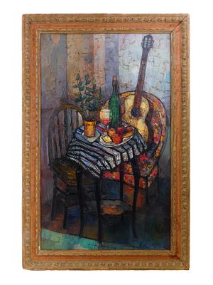 BRUNO ZUPAN STILL LIFE WITH GUITAR OIL ON CANVAS. This vibrant mid-to-late 20th-century oil on 