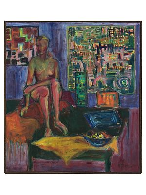 FRANZ MARC ATTRIBUTED FRENCH MODEL INTERIOR OIL PAINTING. Attributed to Franz Marc (German 