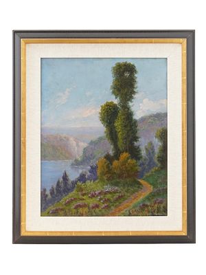 MID CENTURY SIGNED LANDSCAPE OIL ON WOOD PANEL. This mid-century impressionistic landscape is 