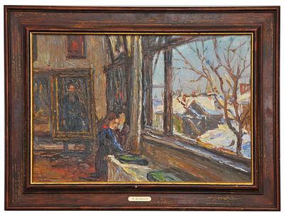 BORIS BEZIKOVICH VIEW FROM THE WINDOW RUSSIAN SOVIET ERA. A fine 1948 genre scene titled "The 