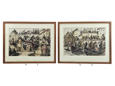 VYACHESLAV KONDRATIEV RUSSIAN SOVIET ERA PAIR WATERCOLORS. This pair of original mixed media 