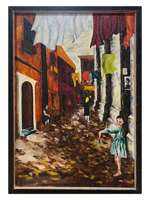 MANNER OF NICOLAI FECHIN RUSSIAN EXPRESSIONIST STREET SCENE. An atmospheric mid-20th century oil 