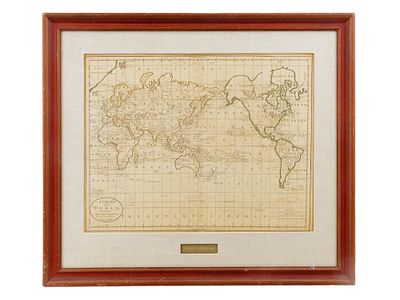 1815 CAREYS ATLAS WORLD MAP FEATURING CAPT COOK ROUTE. A framed antique engraved map titled A 