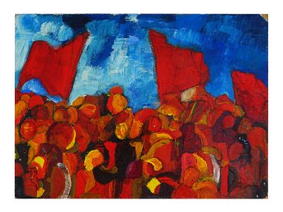 RUSSIAN SOVIET ERA OIL PAINTING MASS FESTIVAL. Oil painting on masonite. Russian, Soviet era 