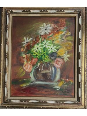 RUSSIAN SOVIET ERA DAVID BURLIUK FLORAL OIL PAINTING W COA. An oil on canvas board painting by 