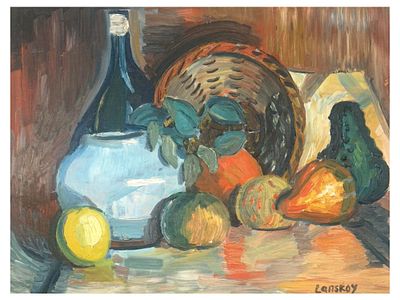 RUSSIAN SOVIET ERA LANSKOY STILL LIFE PAINTING. This vibrant oil on cardboard still life 