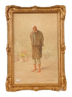 МУЖСКОЙ ПОРТРЕТ, АКВАРЕЛЬ, ПОДПИСАННЫЙ. Акварельная живопись на бумаге. Работа изображает полный 