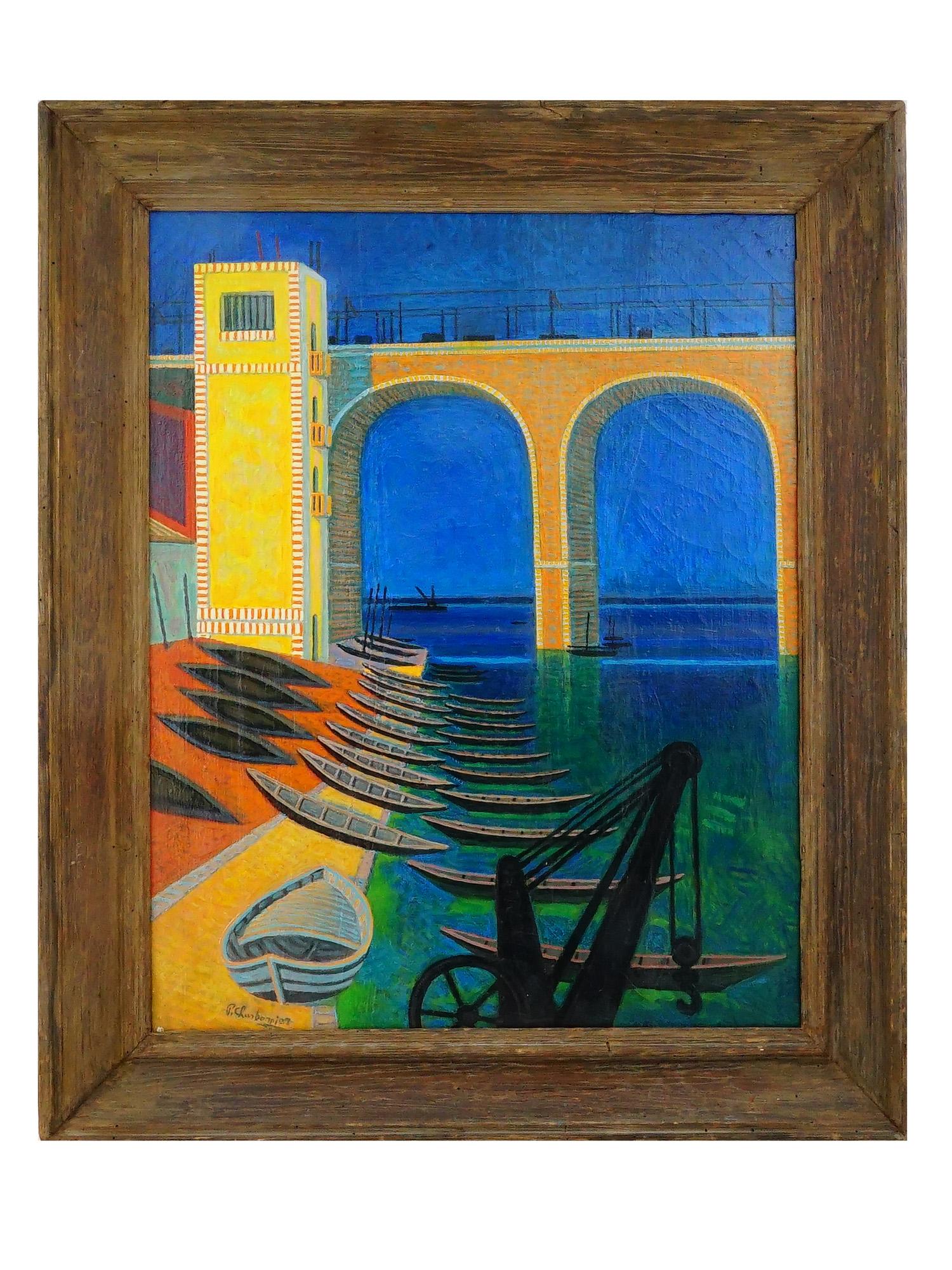 PIERRE CHARBONNIER FRENCH MARSEILLE PORT OIL PAINTING 1958
