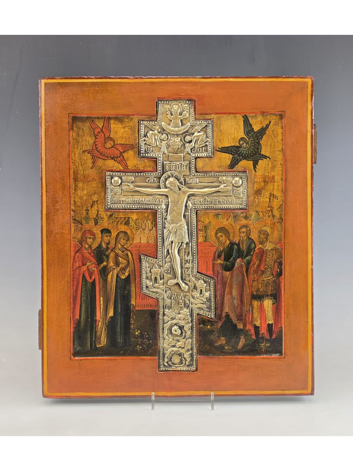 LARGE 19TH C RUSSIAN STAUROTHEKE CRUCIFIXION ICON