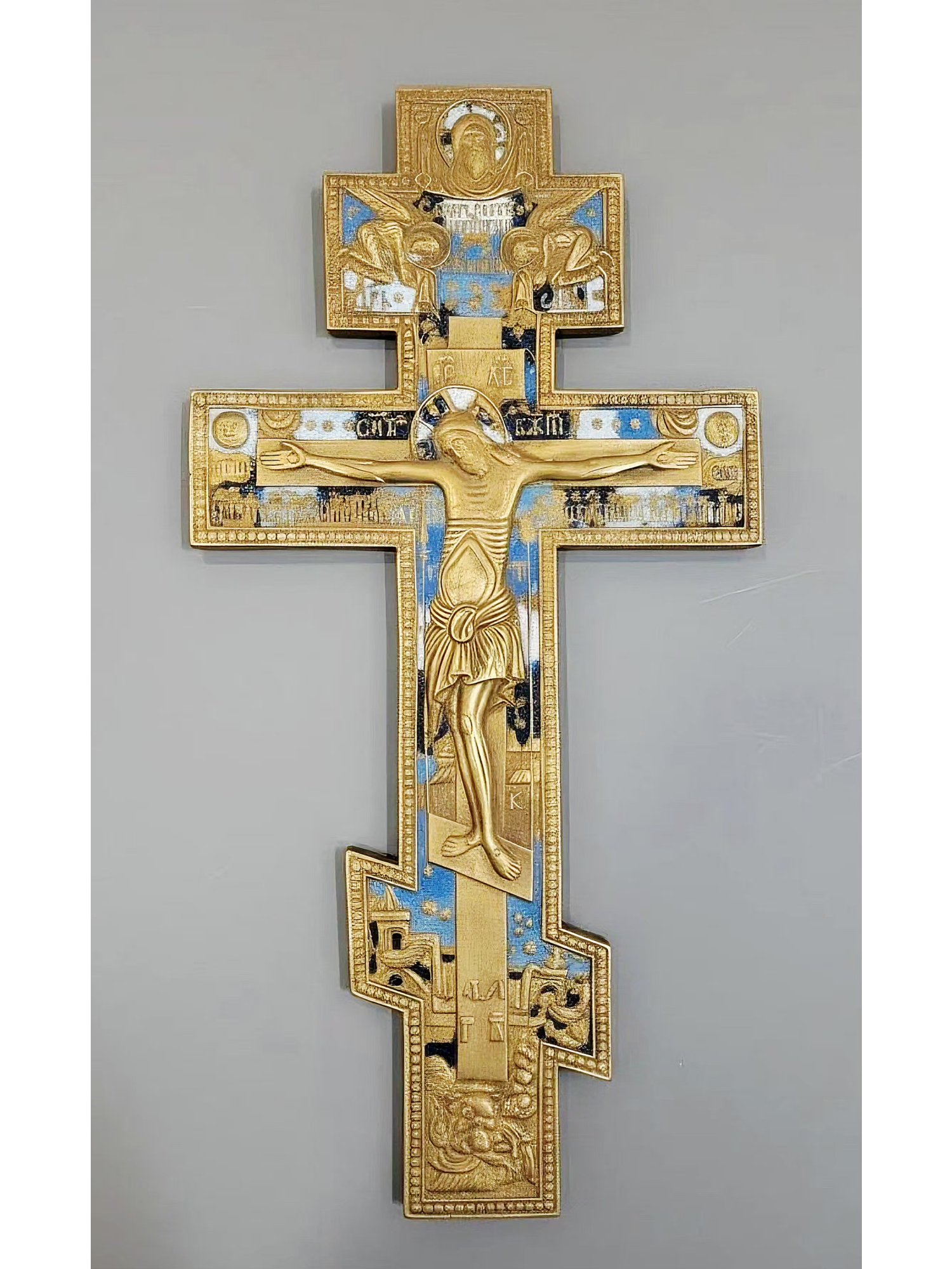 LARGE 19TH C RUSSIAN ORTHODOX BRONZE ENAMEL CRUCIFIX