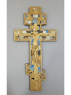 LARGE 19TH C RUSSIAN ORTHODOX BRONZE ENAMEL CRUCIFIX. A large 19th-century Russian Orthodox cast 
