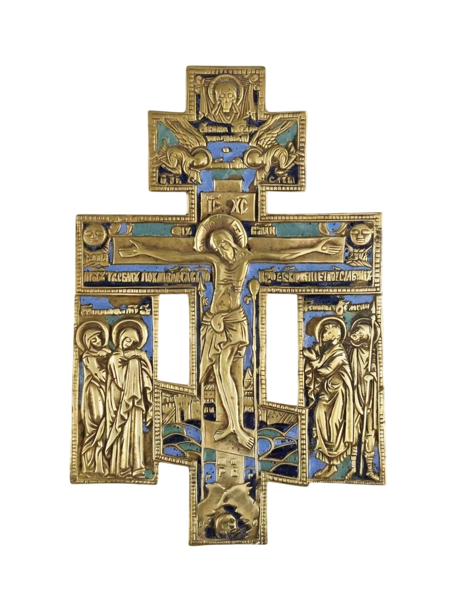 18TH C RUSSIAN OLD BELIEVER ENAMEL CRUCIFIX CROSS