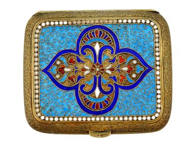 IMPERIAL RUSSIAN SILVER CLOISONNE ENAMEL CIGARETTE CASE. An Imperial Russian gilt silver 
