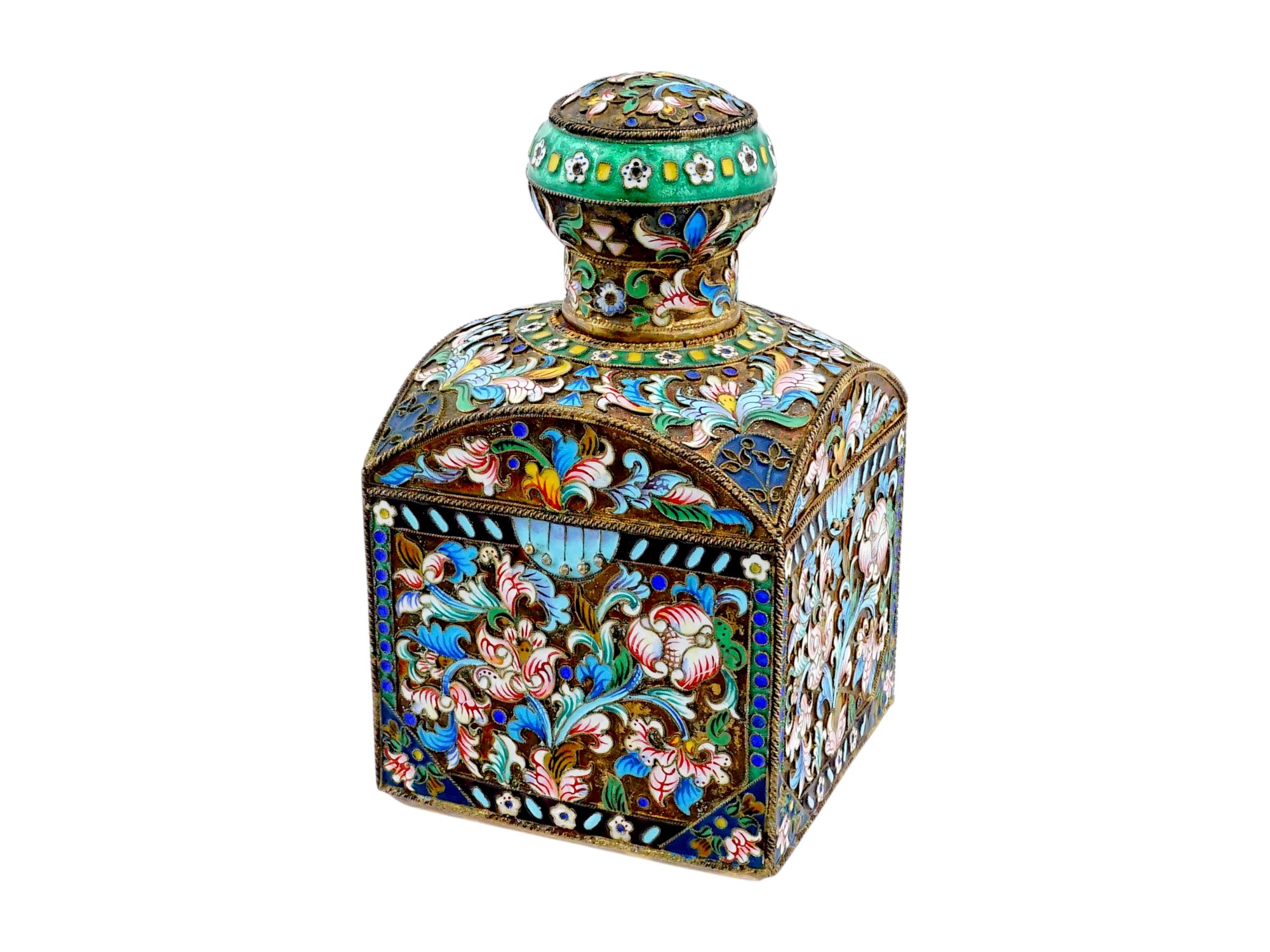 20TH CENTURY RUSSIAN SILVER CLOISONNE ENAMEL TEA CADDY