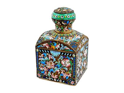 20TH CENTURY RUSSIAN SILVER CLOISONNE ENAMEL TEA CADDY. Russian silver and enamel tea caddy 