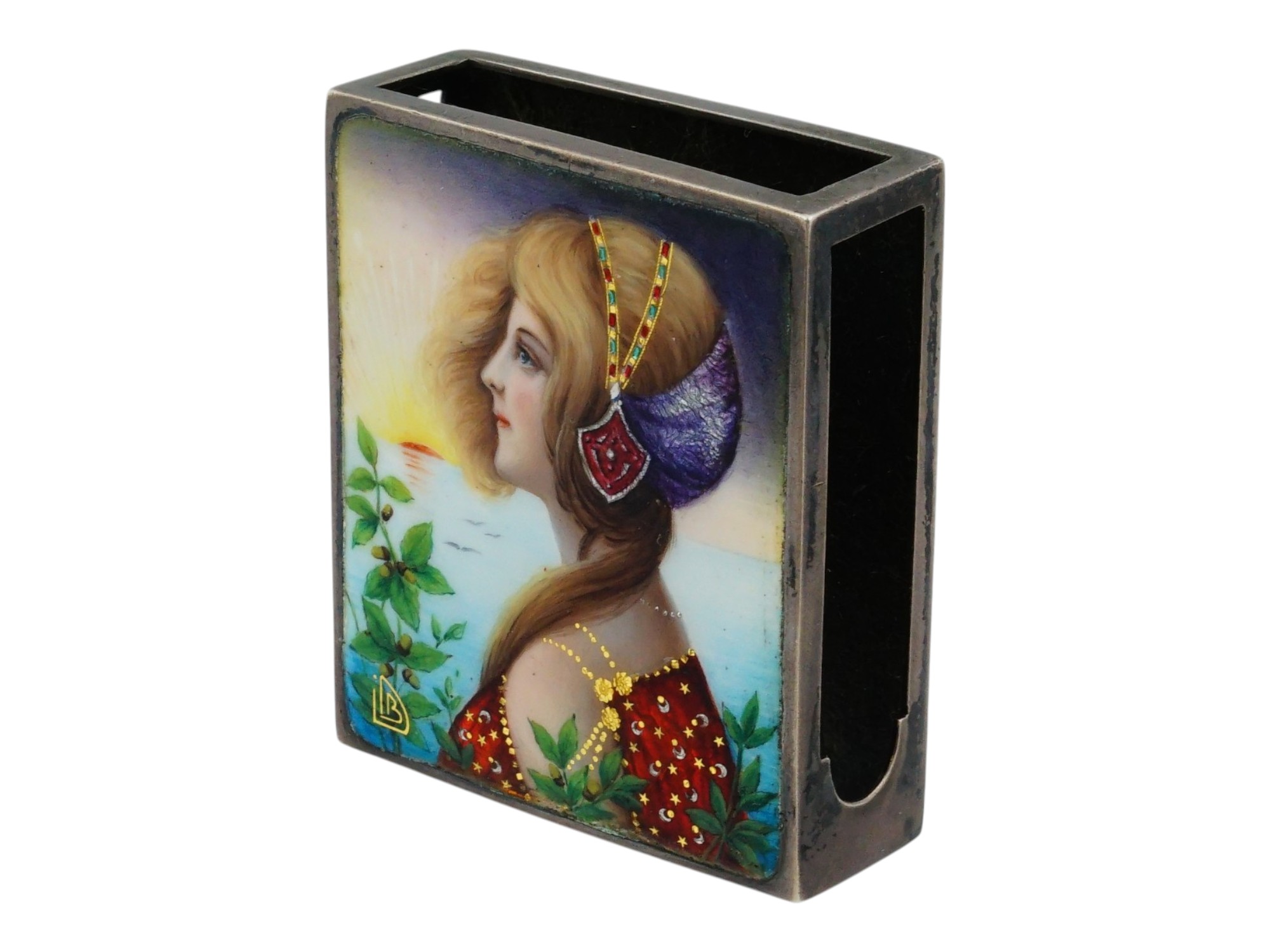 ART NOUVEAU SILVER ENAMEL MATCH HOLDER SIGNED