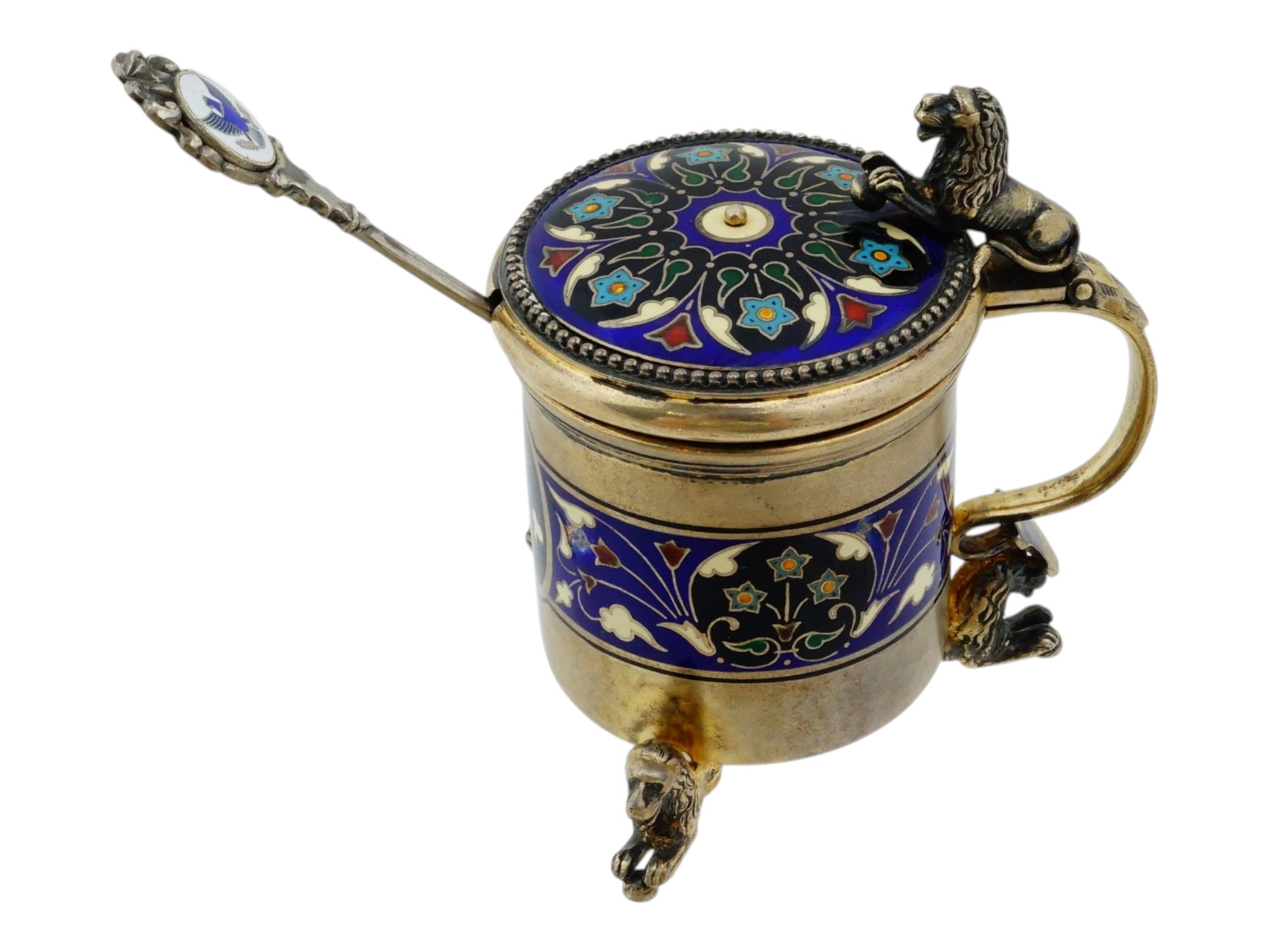 ANTIQUE CONTINENTAL STERLING SILVER ENAMEL MUSTARD POT