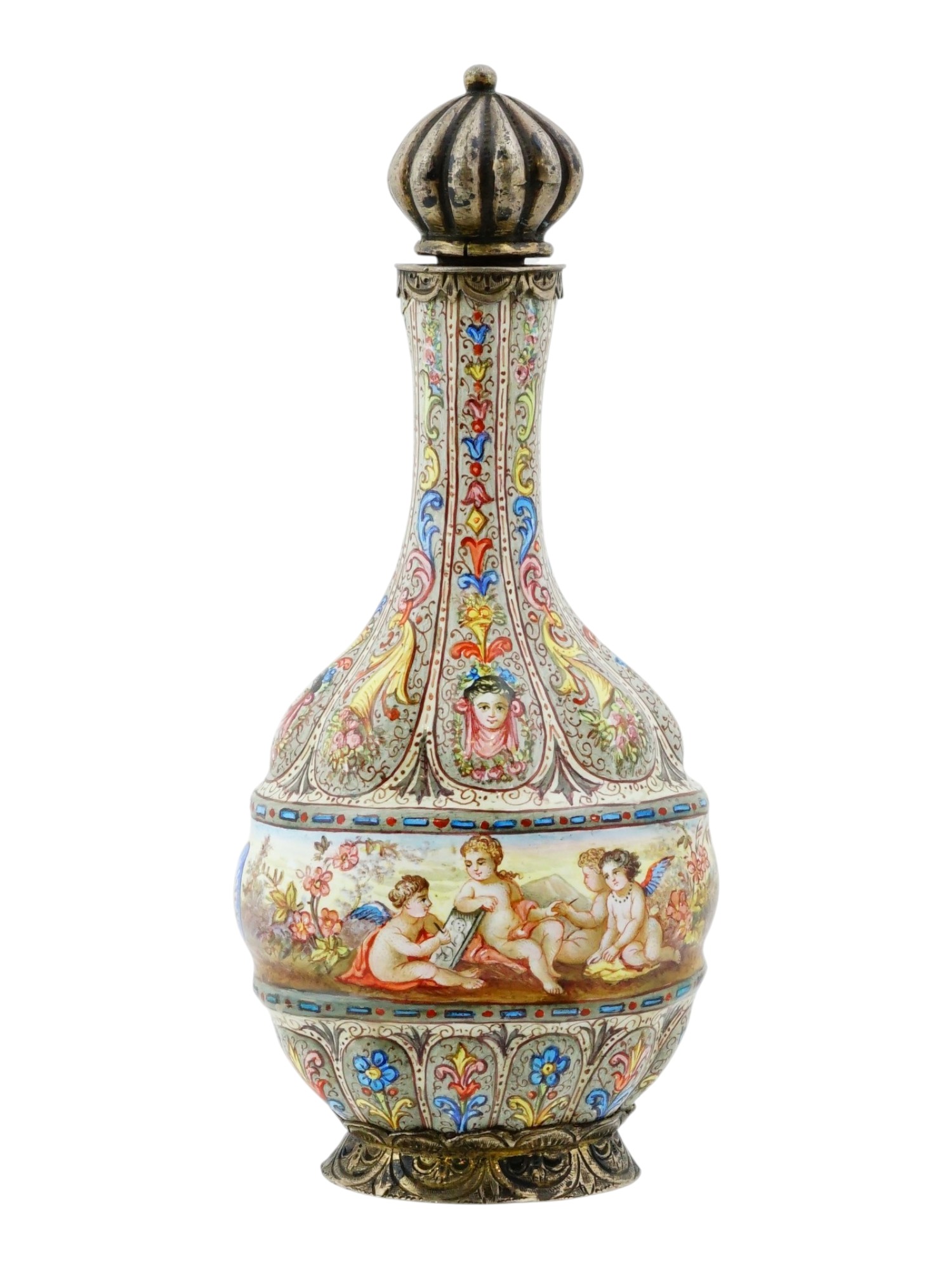ANTIQUE VIENNESE SILVER AND ENAMEL PERFUME BOTTLE