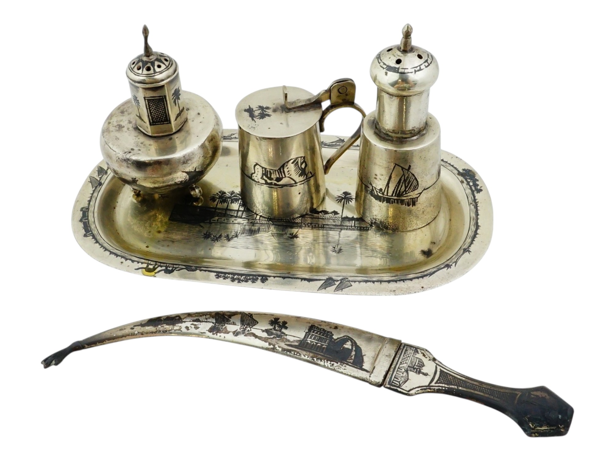 MID CENTURY IRAQI SILVER NIELLO CONDIMENT SET