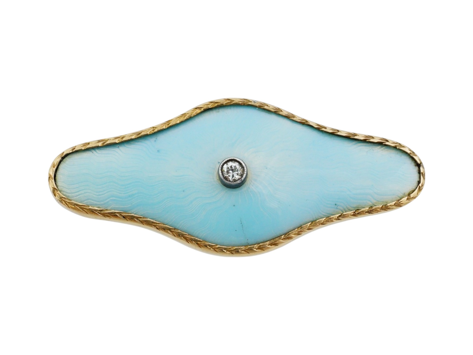 RUSSIAN 56 GOLD BLUE GUILLOCHE ENAMEL AND DIAMOND BROOCH