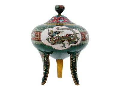 JAPANESE MEIJI CLOISONNE ENAMEL TRIPOD KORO CENSER. An antique Japanese copper tripod incense 