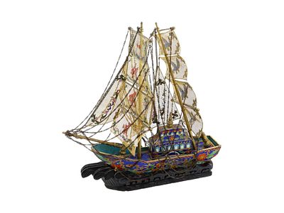 ANTIQUE CHINESE QING CLOISONNE ENAMEL SHIP MODEL. An antique Chinese model of a double-masted 