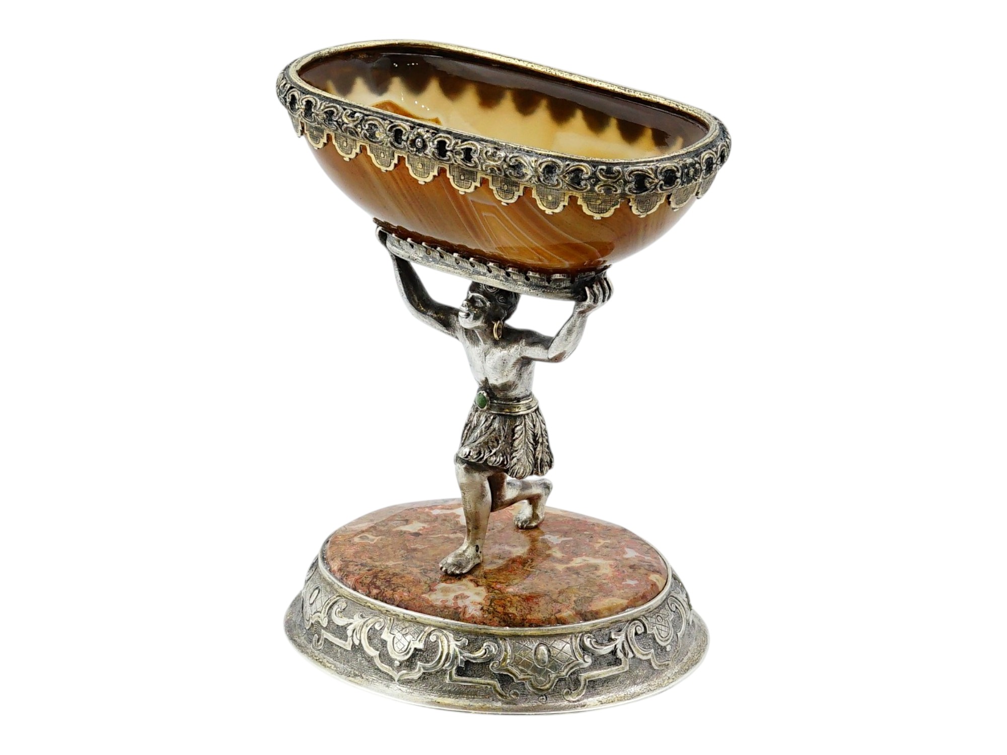 19TH C CONTINENTAL SILVER MOUNTED AGATE FIGURAL OPEN SALT