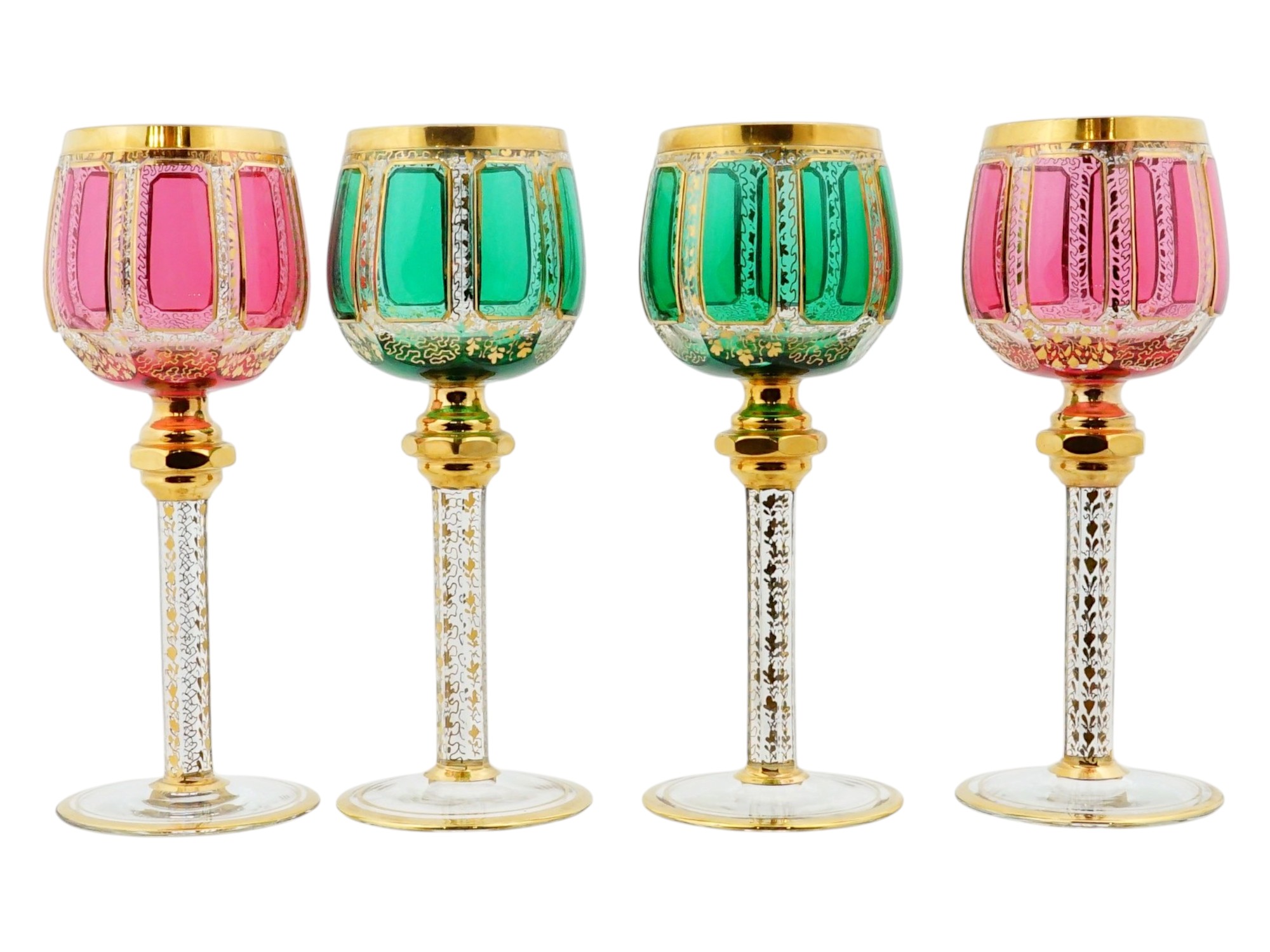 LOT OF BOHEMIAN GREEN AND RUBY GLASS WINE GOBLETS