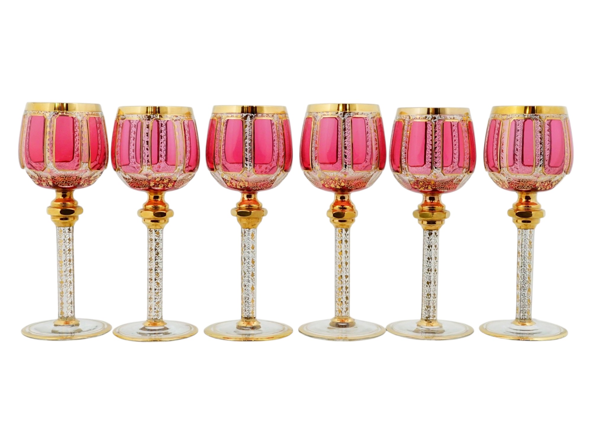 SET OF 6 BOHEMIAN RUBY GLASS WINE GOBLETS
