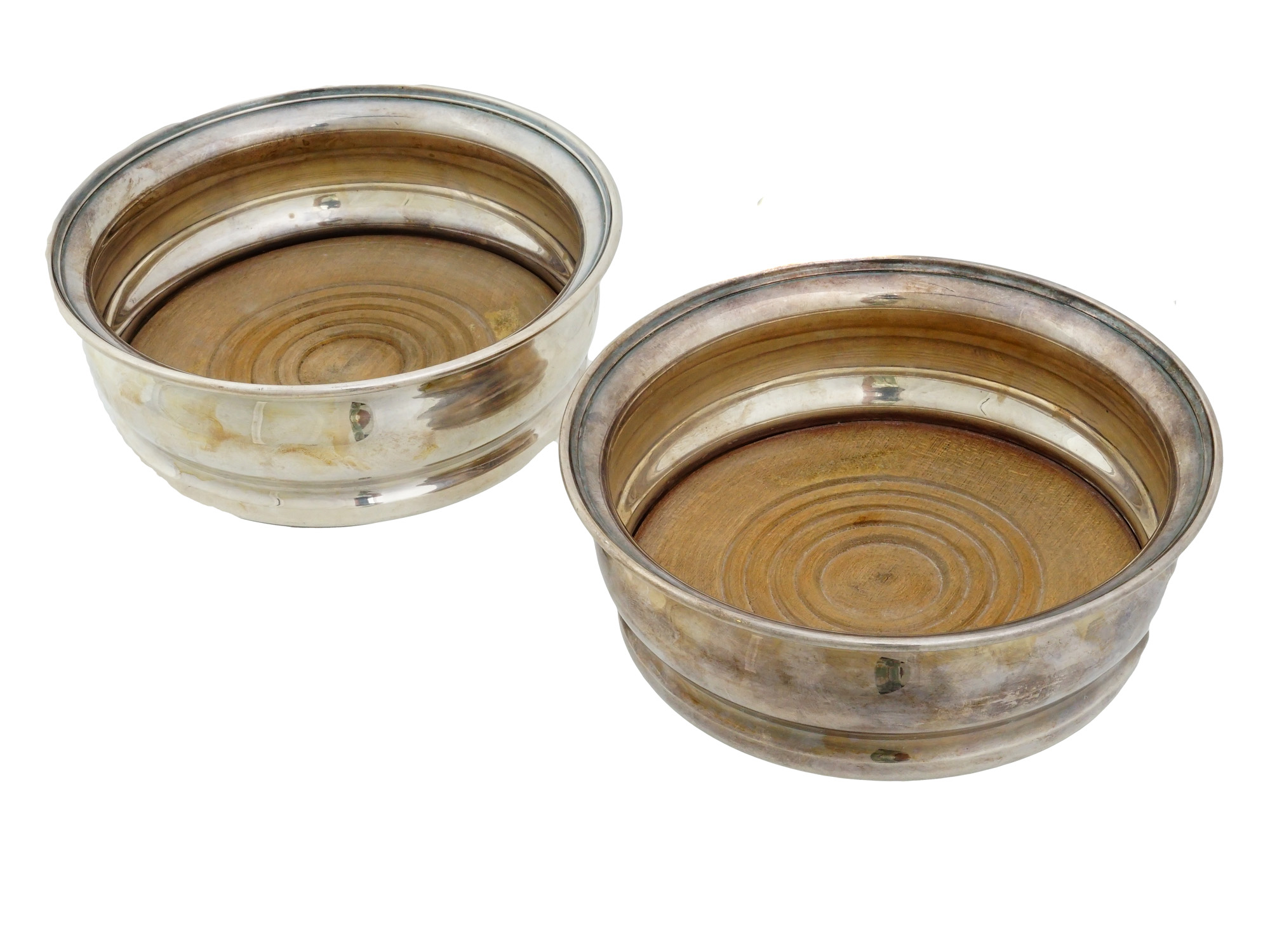 PAIR ENGLISH WYLER NEW YORK SILVER PLATE WINE COASTERS