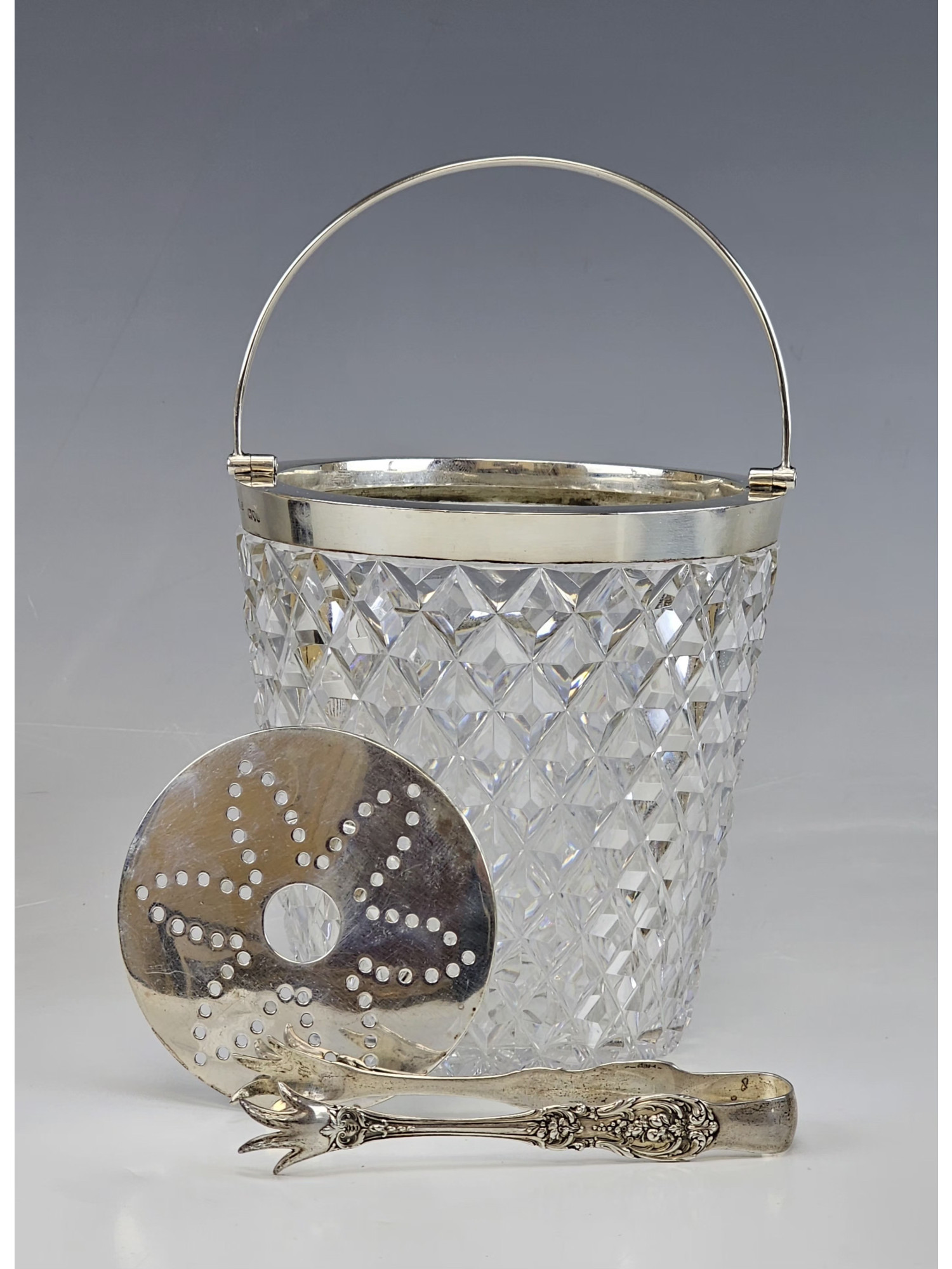 ENGLISH STERLING SILVER CRYSTAL ICE BUCKET & GORHAM TONGS