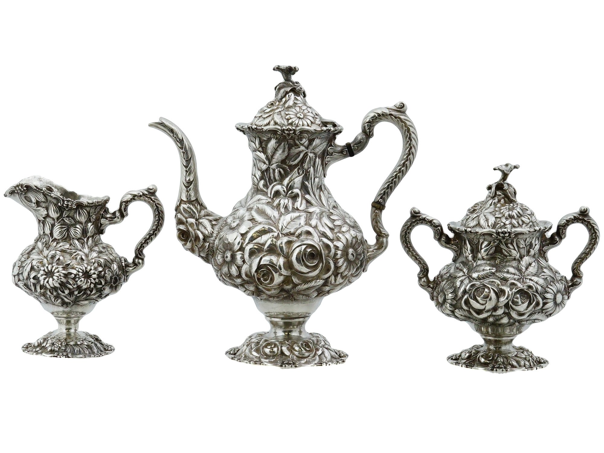 STIEFF STERLING SILVER REPOUSSE ROSE TEA SERVICE