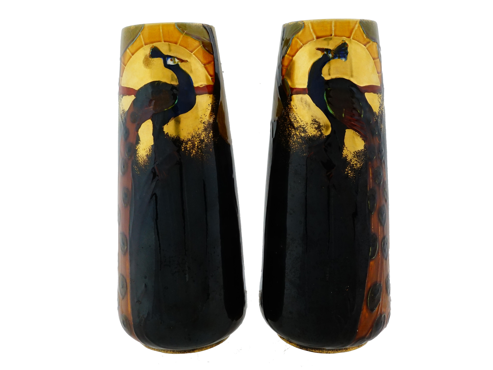 THOMAS FORESTER AND SONS ART NOUVEAU PEACOCK VASES