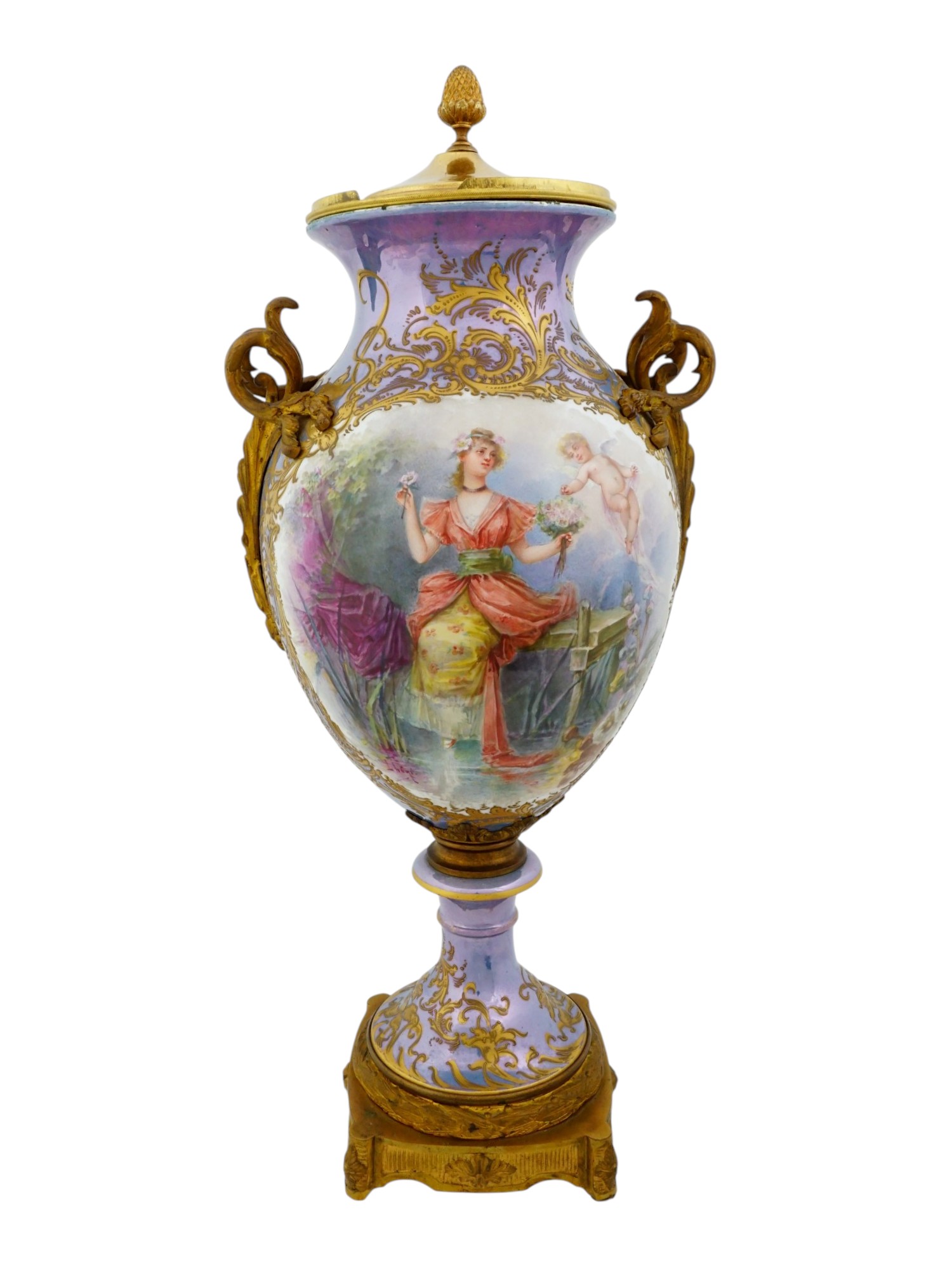 FRENCH SEVRES STYLE PORCELAIN AND BRONZE LIDDED VASE