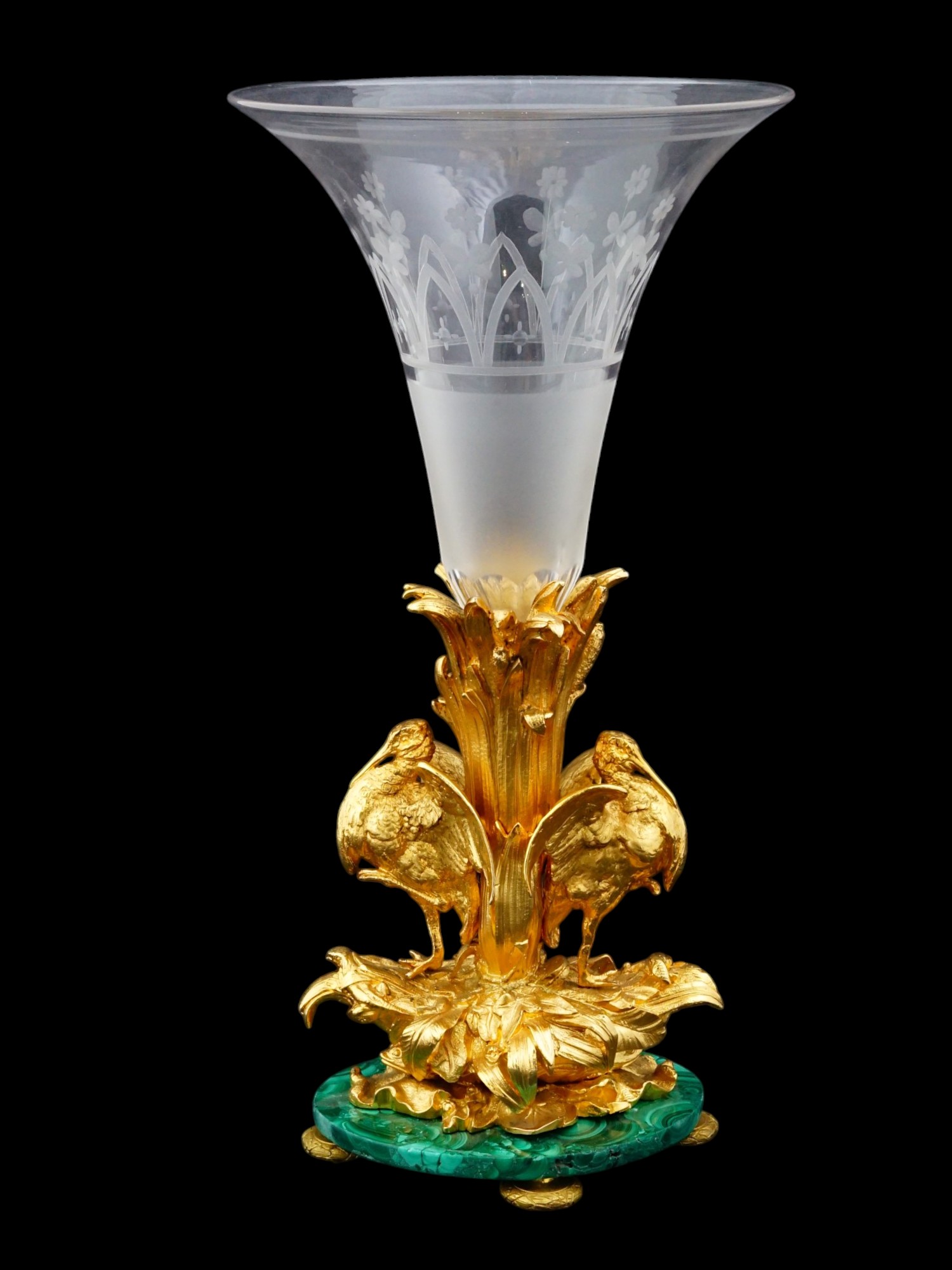 ANTIQUE EUROPEAN GILT BRONZE GLASS MALACHITE VASE