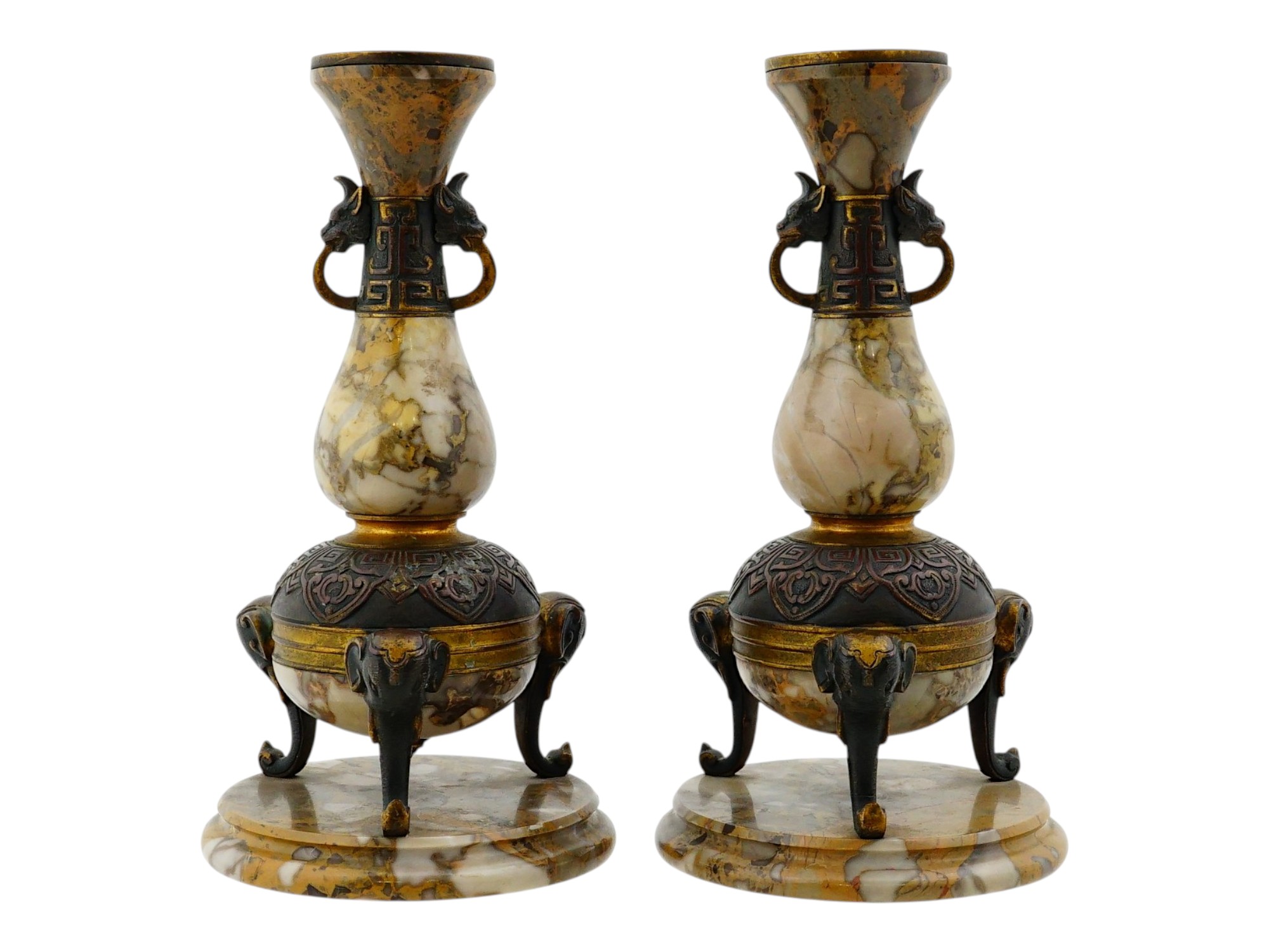 PAIR 19TH C FRENCH BRONZE & MARBLE CANDLESTICKS