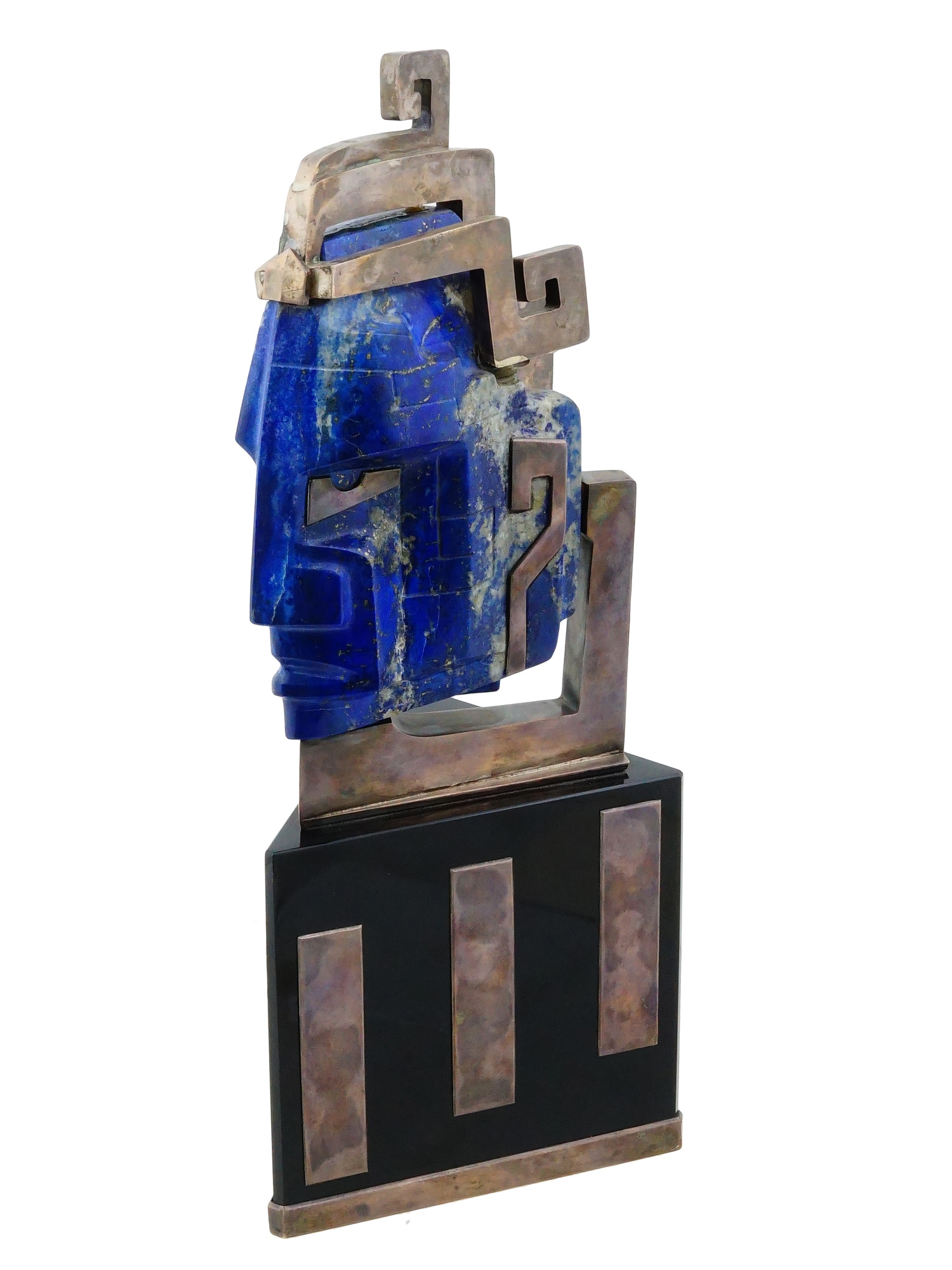 ART DECO LAPIS LAZULI SILVERPLATE AZTEC HEAD SCULPTURE