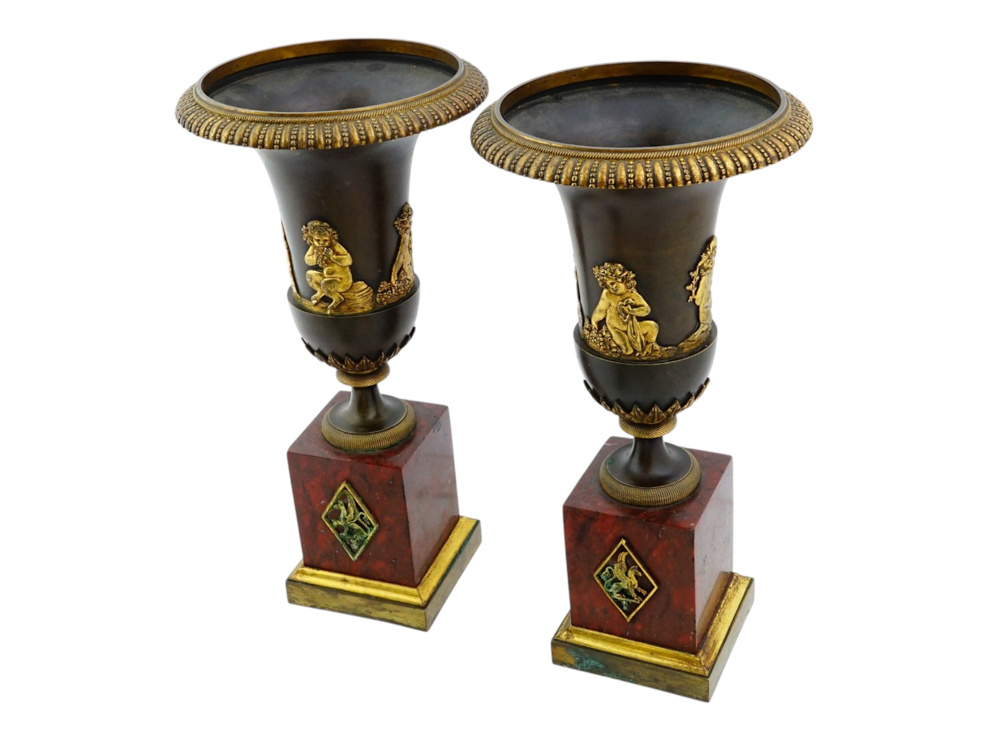 PAIR OF FRENCH GILT BRONZE AND MARBLE MEDICI URNS