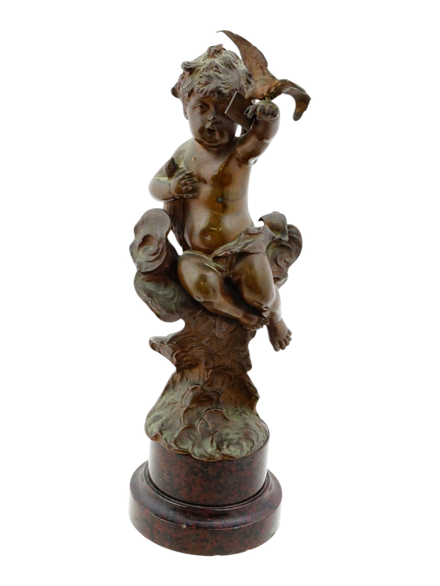 19TH C FRENCH BRONZE FIGURE OF CUPID WITH BIRD