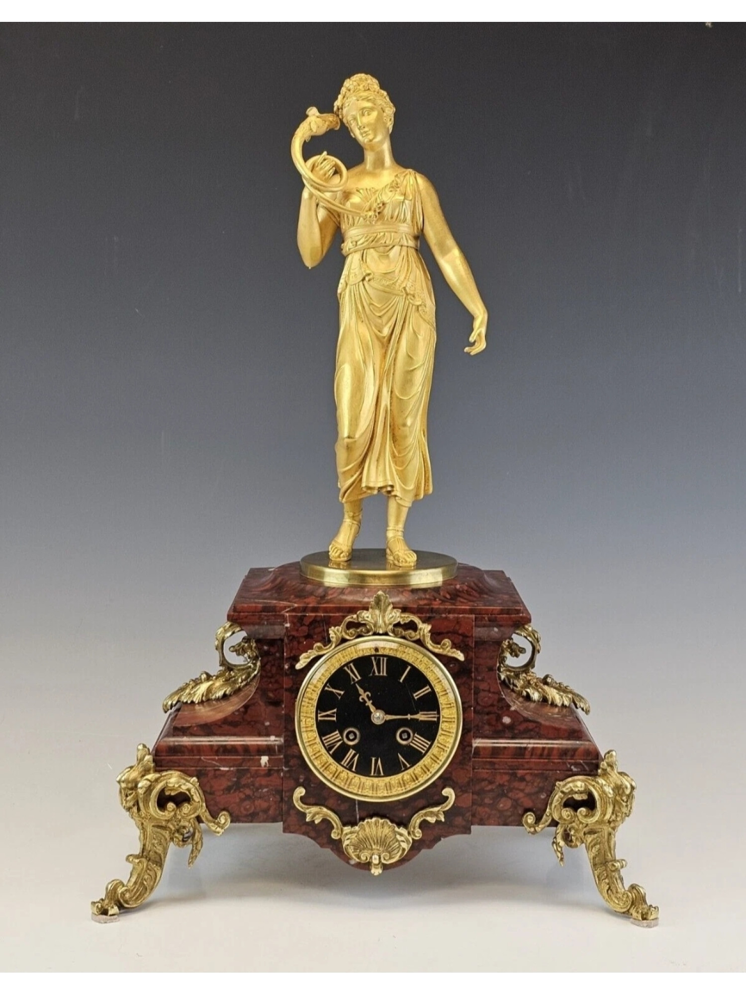 19TH C. JAPY FRERES ROUGE MARBLE & ORMOLU FIGURAL CLOCK