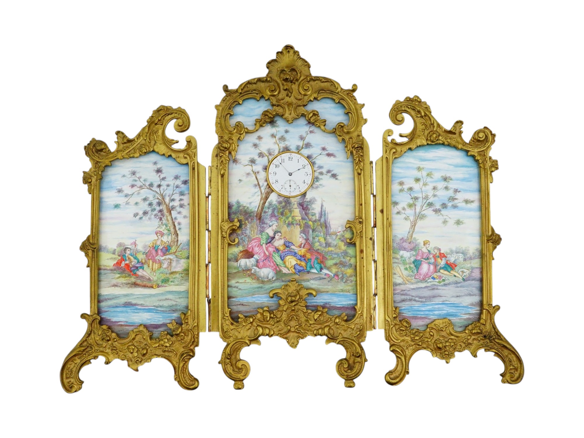 ANTIQUE AUSTRIAN BRONZE ENAMEL SCREEN TABLE CLOCK