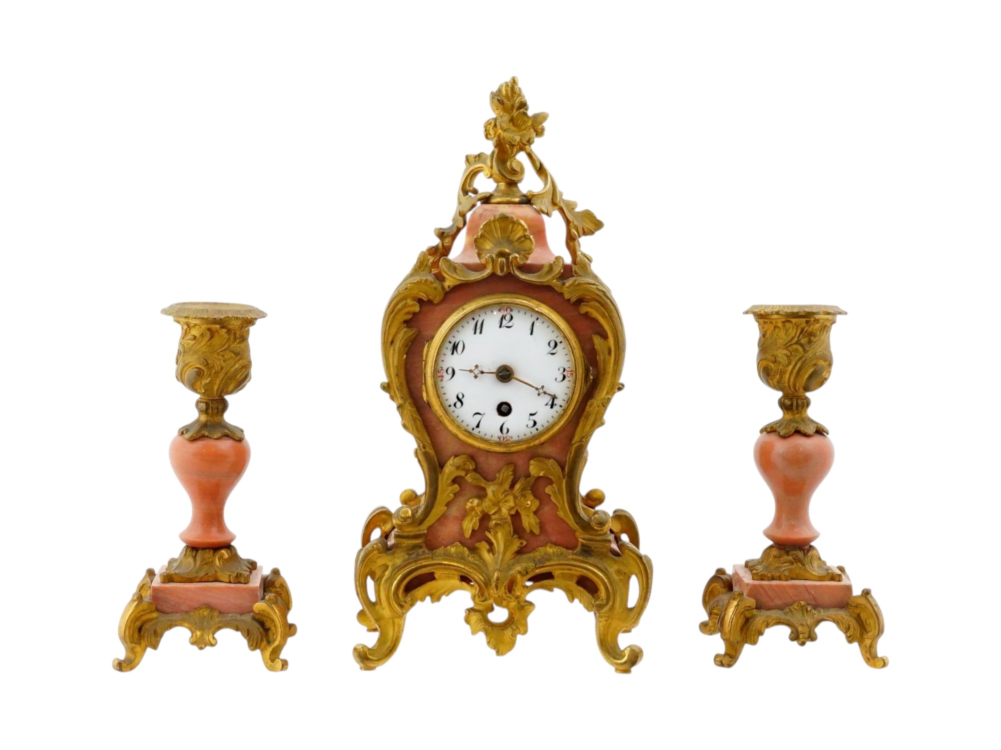 FRENCH LOUIS XV GILT BRONZE PINK MARBLE CLOCK GARNITURE