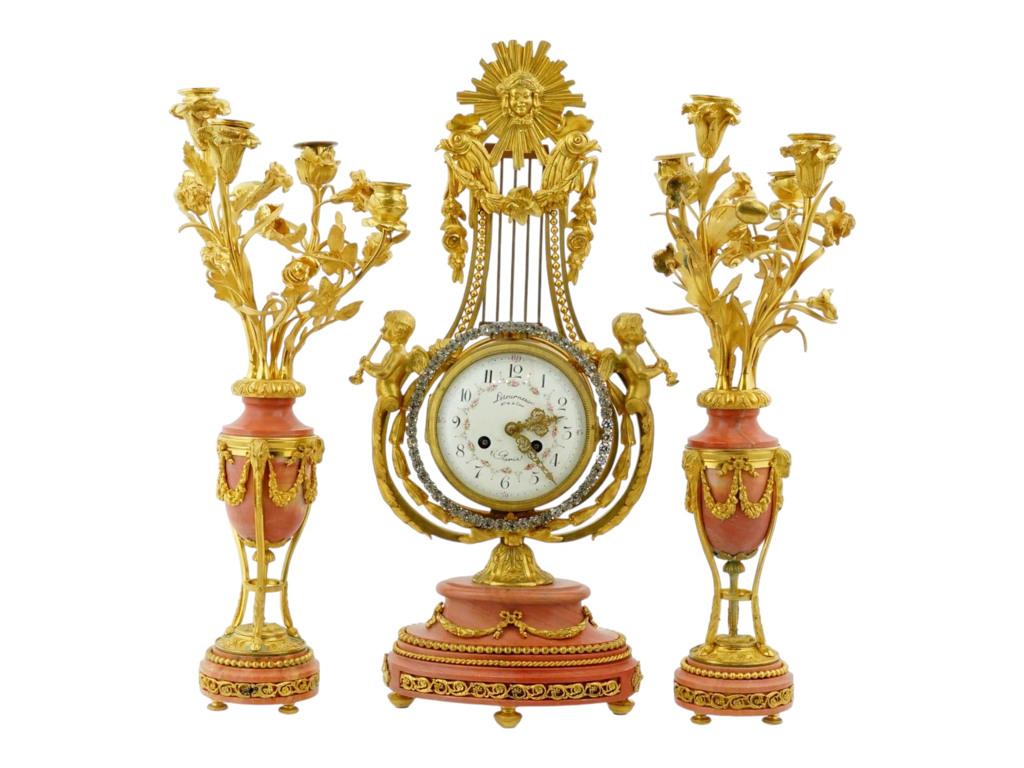 FRENCH LOUIS XVI GILT BRONZE MARBLE CLOCK GARNITURE