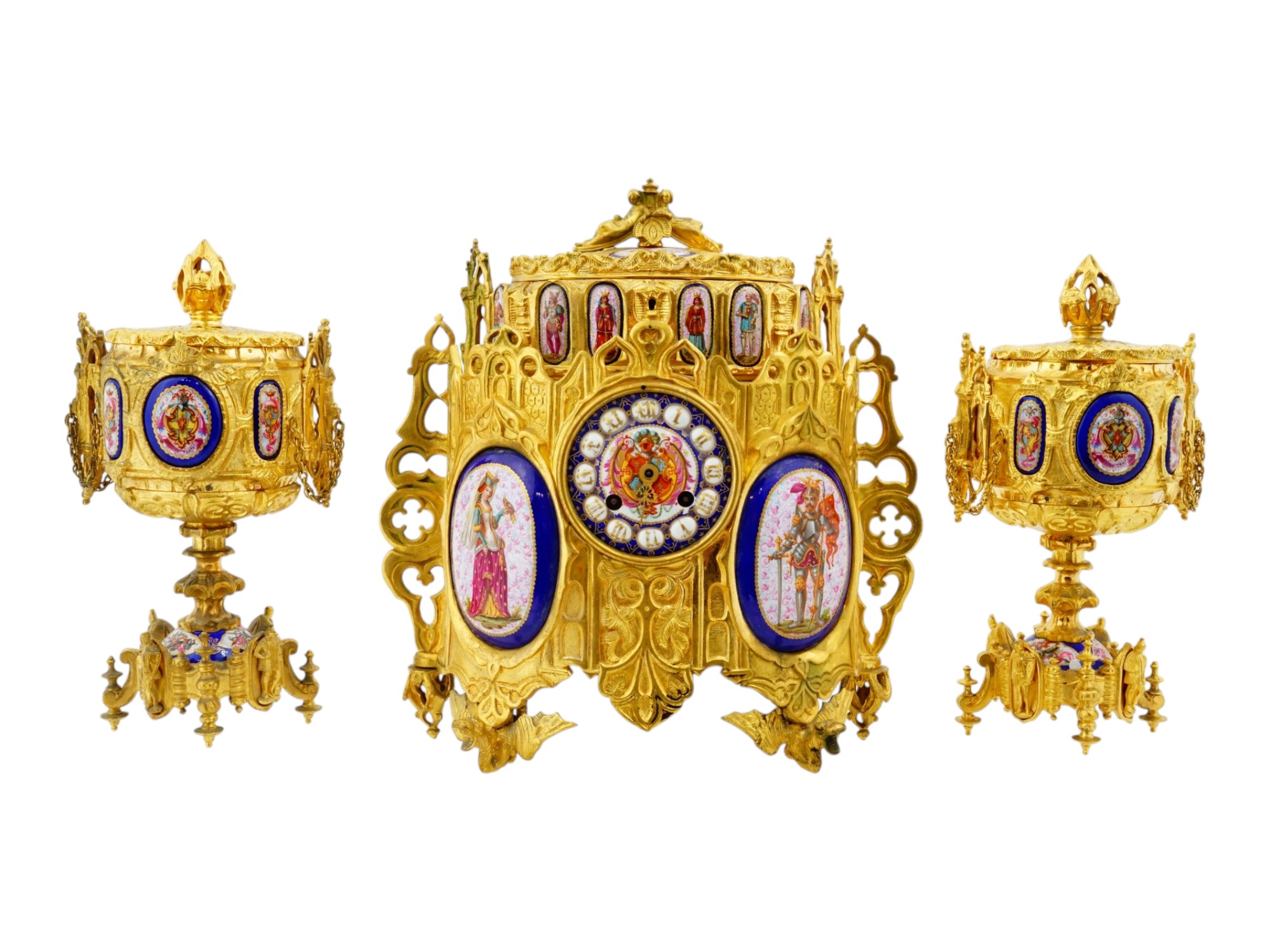 ANTIQUE FRENCH SEVRES PORCELAIN AND BRONZE CLOCK SET