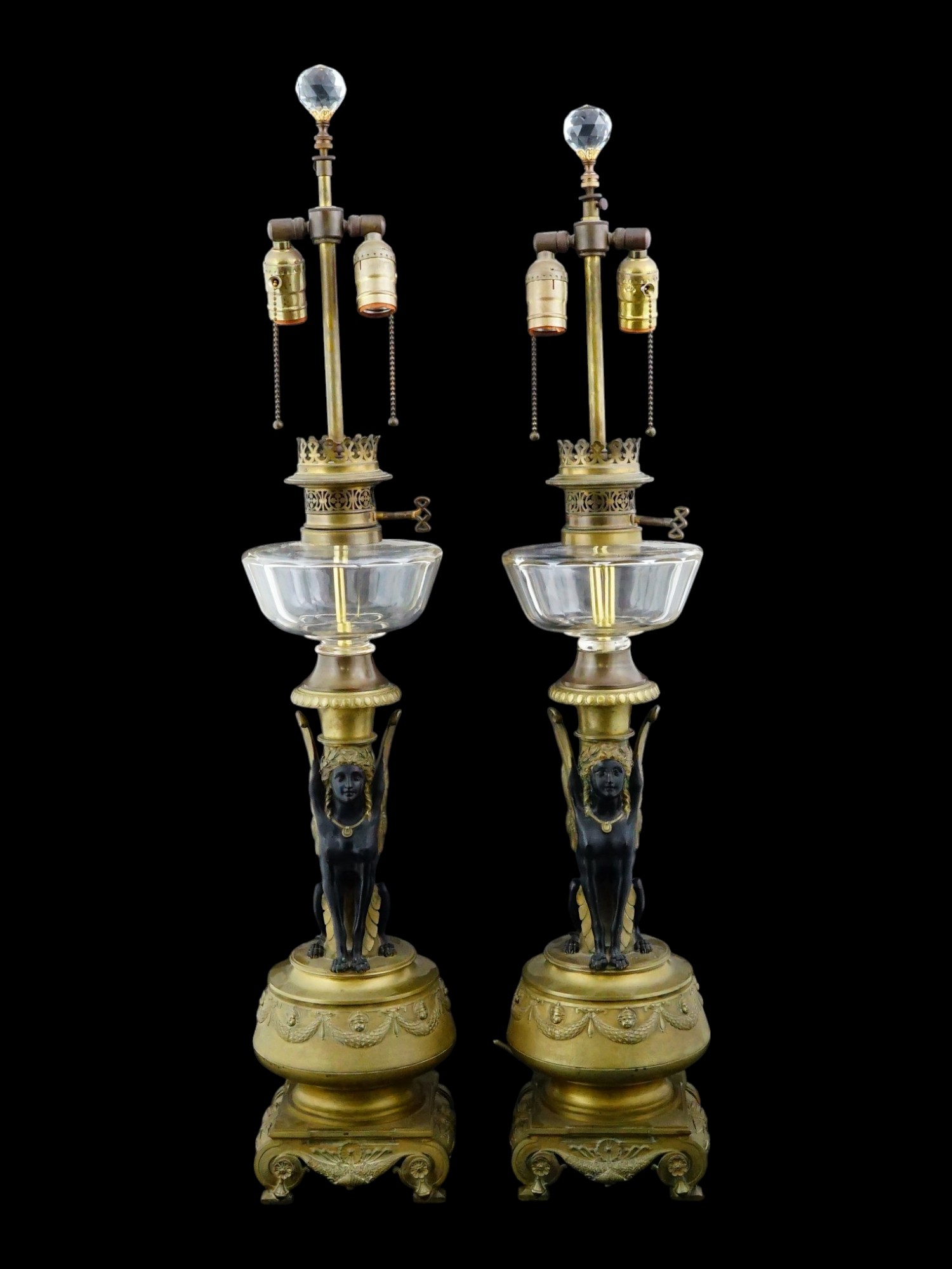 PAIR OF ANTIQUE FRENCH EGYPTIAN REVIVAL BRONZE OIL LAMPS