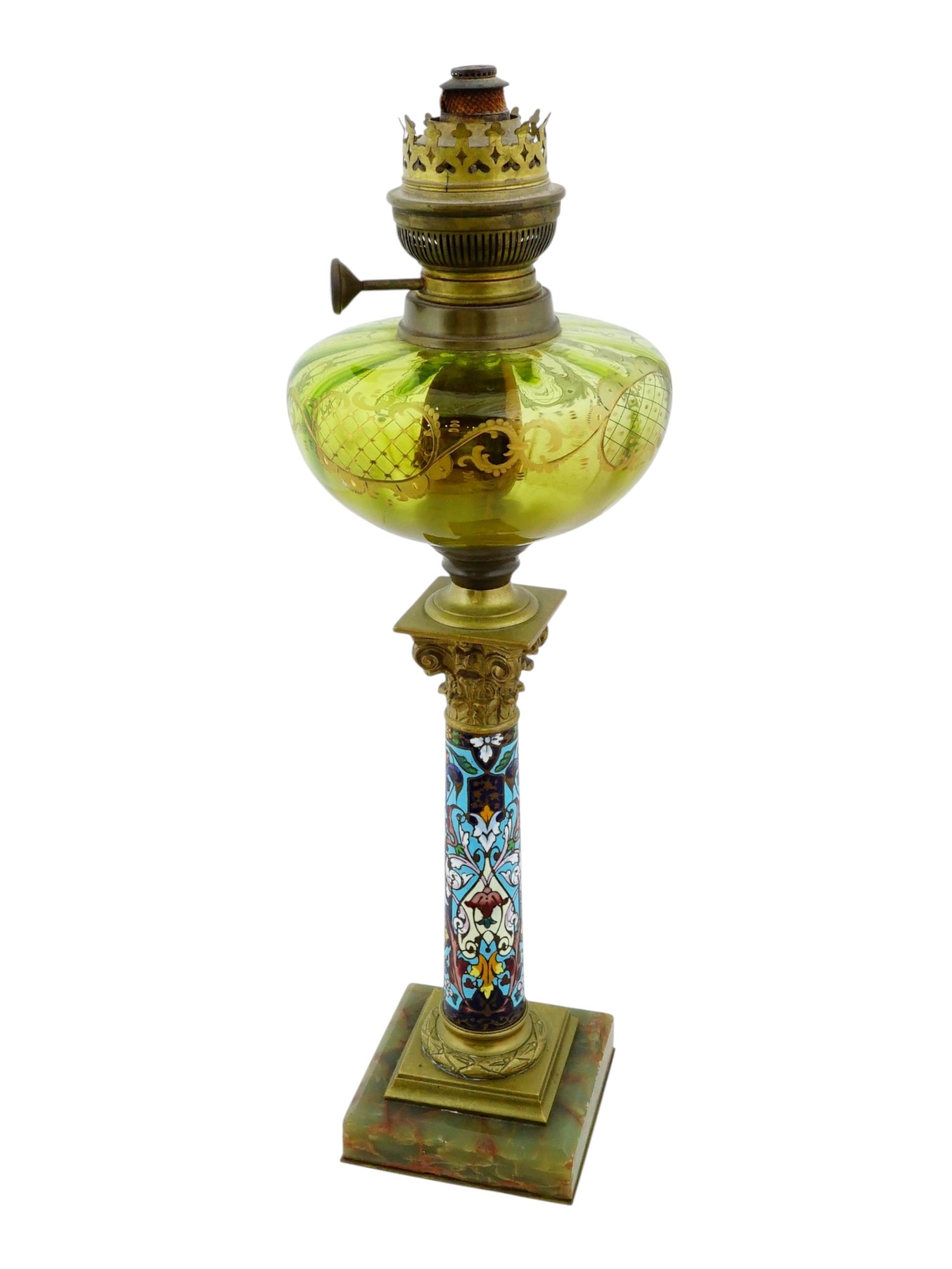 ANTIQUE GERMAN CHAMPLEVE ENAMEL BRONZE ONYX OIL LAMP