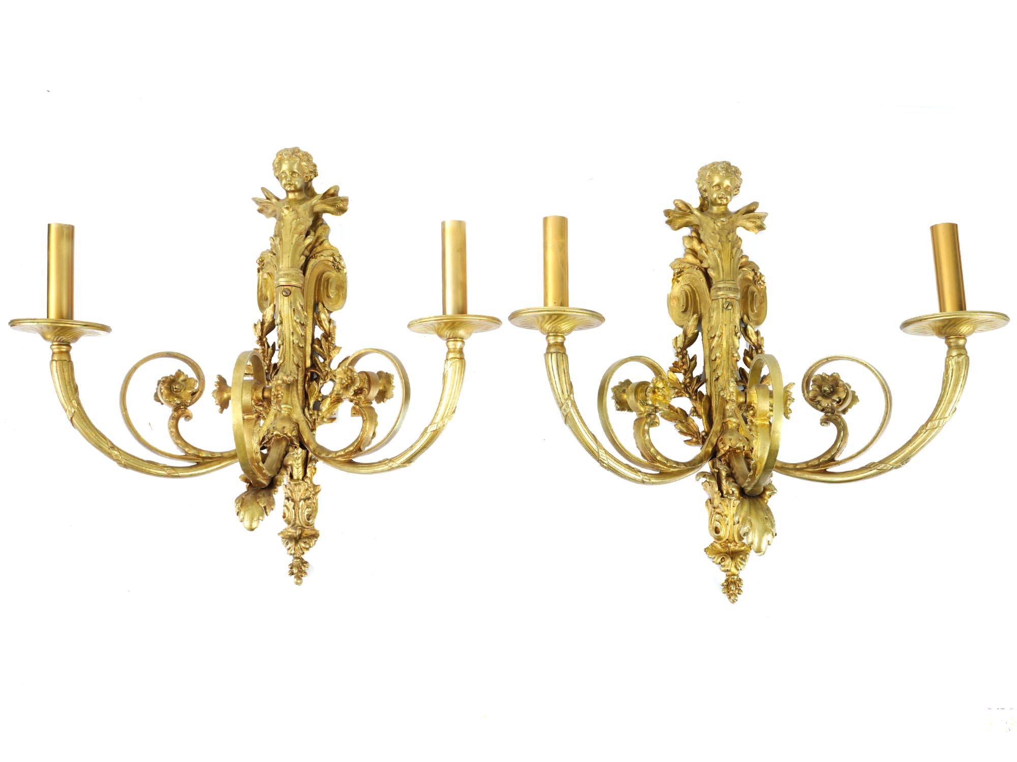 ANTIQUE 19TH C GILT BRONZE CHERUB WALL SCONCES