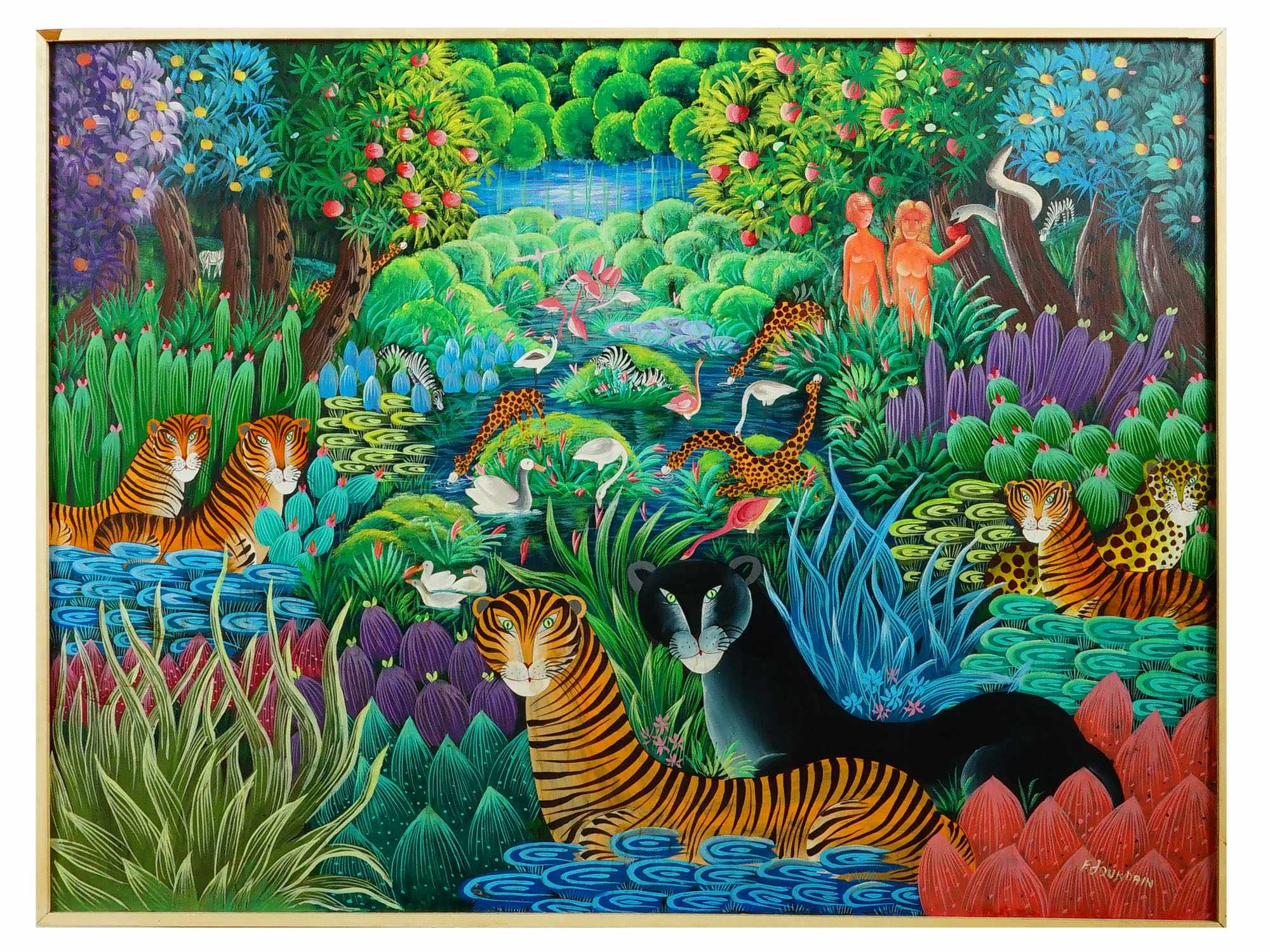HAITIAN FRITZ JOURDAIN JUNGLE GARDEN OF EDEN OIL PAINTING
