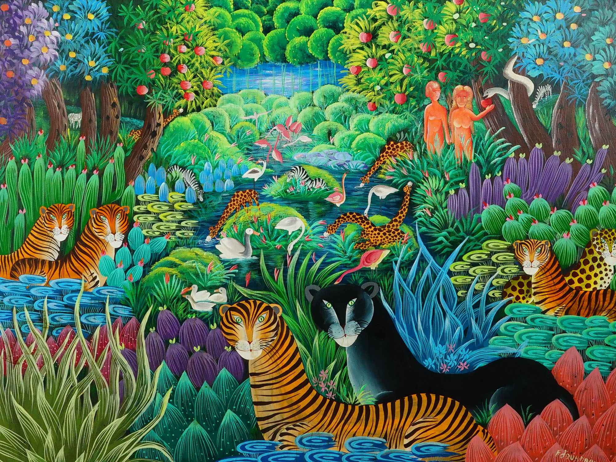 HAITIAN FRITZ JOURDAIN JUNGLE GARDEN OF EDEN OIL PAINTING
