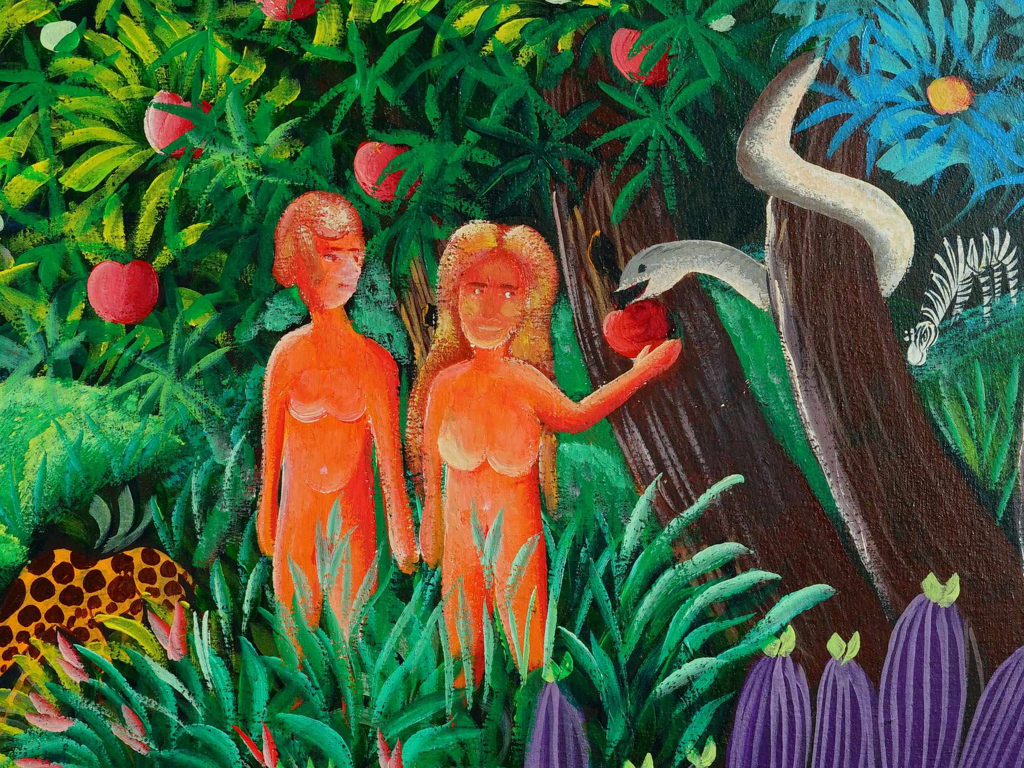 HAITIAN FRITZ JOURDAIN JUNGLE GARDEN OF EDEN OIL PAINTING